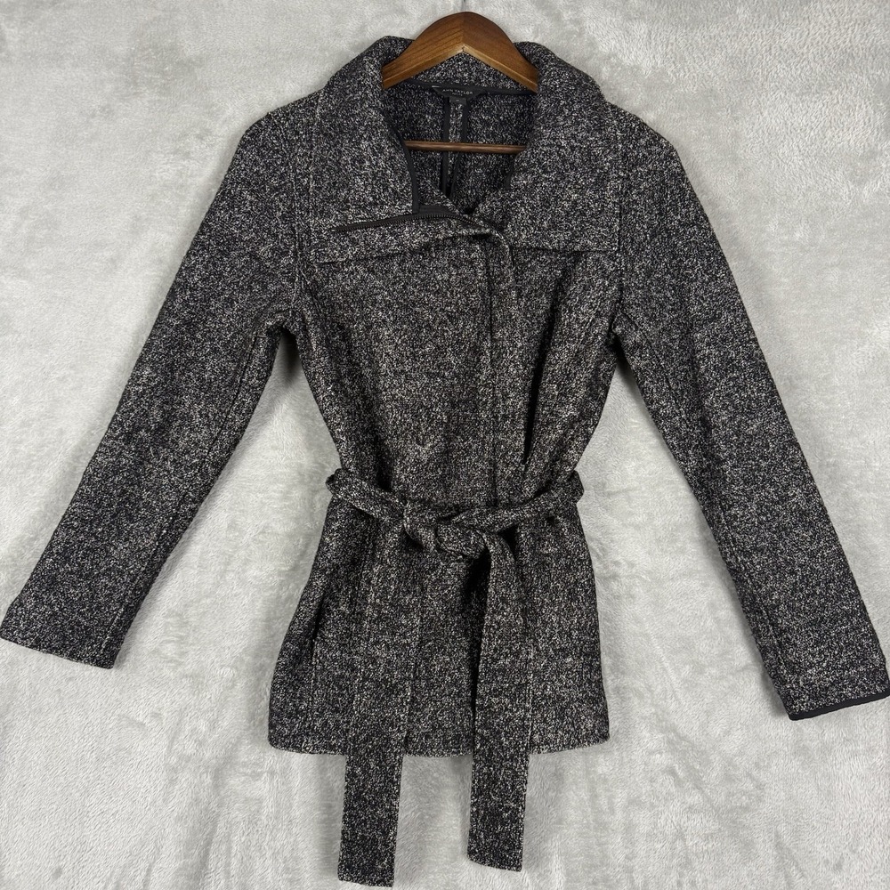 Ann Taylor Jacket Women's Small Petite‎ Gray Wool Blend Belted-Waist Full Zip